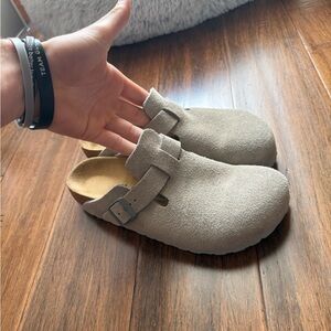 Birkenstock Taupe Suede Clogs